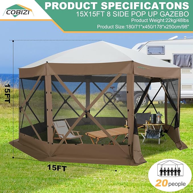 COBIZI 15x15 FT Pop Up Gazebo - Canopy Tent, Large Gazebos On Clearance,Instant Screened in Gazebo,carpas para Patio,Portable Screen Tents for 12-15 Persons Outdoor Camping, Backyard, Brown