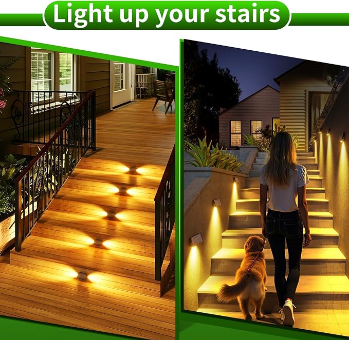 JSOT Solar Fence Lights Outdoor - 8 Pack Solar Lights Outdoor Waterproof Ideal for Deck Rail Stair Step Decoration 3 Large LEDs 5 Lighting Modes Outside Lights-Warm Light
