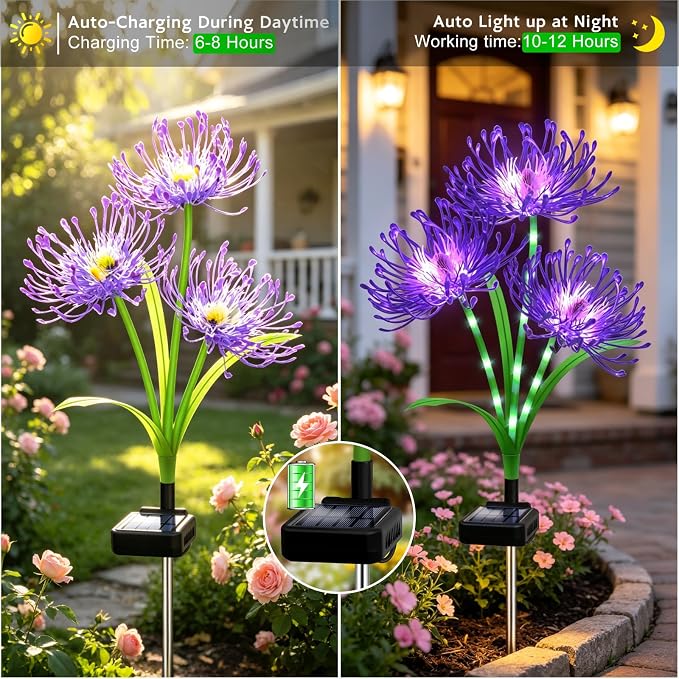 VOOKRY Solar Lights Outdoor, 8 Pack Purple Spider Lily Garden Flower Lights | 3Heads per Stem& Individual Solar Panels, Warm White LED Waterproof Yard Lawn Pathway Decor,Decorative Garden Gifts for Women