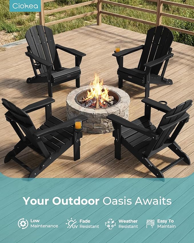 Ciokea Folding Adirondack Chair Wood Texture for Patio, Weather Resistant, Plastic Fire Pit Chair with Cup Holder, Lawn Chair for Outdoor Porch Garden Backyard Deck (Black)