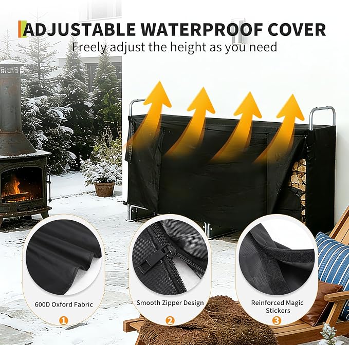 PeakPursuit 4FT Firewood Rack with 600d Oxford Waterproof Cover, Heavy Duty Indoor/Outdoor Steel Log Storage Rack - Wood Pile Holder Stacker Organizer for Fireplace, Patio, Fire Pit, Backyard