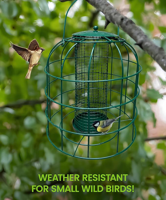 Garden Guru Squirrel Proof Bird Feeder – Outdoor Caged Mesh Seed Peanut Hanging Bird Feeder for Small Wild Birds – Premium Coated Steel & Metal Seed Guard - Chew Proof, Weather Resistant