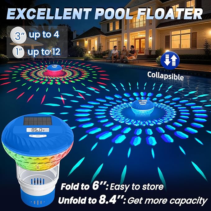 2026 Upgraded Pool Chlorine Floater with Thermometer, Digital Screen Pool Chlorine Floater,Solar Pool Chlorine Floaters with Light, Button Control Floating Chlorine Dispenser for Pool (Blue)