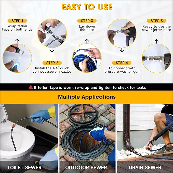 Sewer Jetter Kit for Pressure Washer 150ft – 5800PSI Drain Cleaning Hose 1/4 Inch NPT Corner with Watering Spray Nozzle, Rotating and Button Hose Sewer Jetting Nozzles & Easy-to-Store Strap