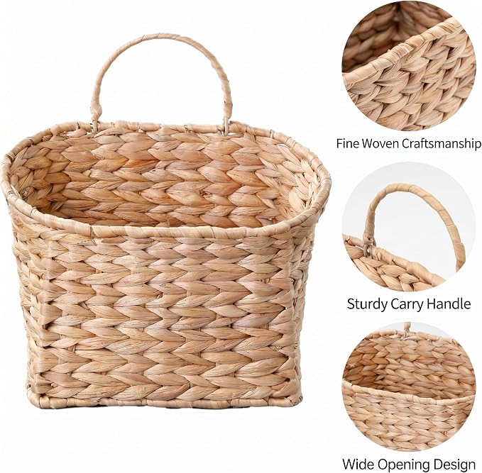 Wicker Hanging Basket Set of 2, Woven Hanging Wall Basket, Natural Water Hyacinth Wall Mounted Storage Basket for Front Door, Entryway, Mail, Flowers, Plants, Farmhouse Decor
