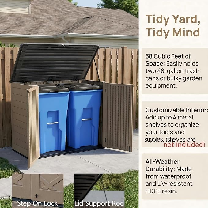 38 Cu. Ft Horizontal Resin Storage Shed, Outdoor Storage Cabinet, Weatherproof, Easy to Assemble, Outdoor Storage Box for Backyards/Patios/Garden, No Shelf (Brown)