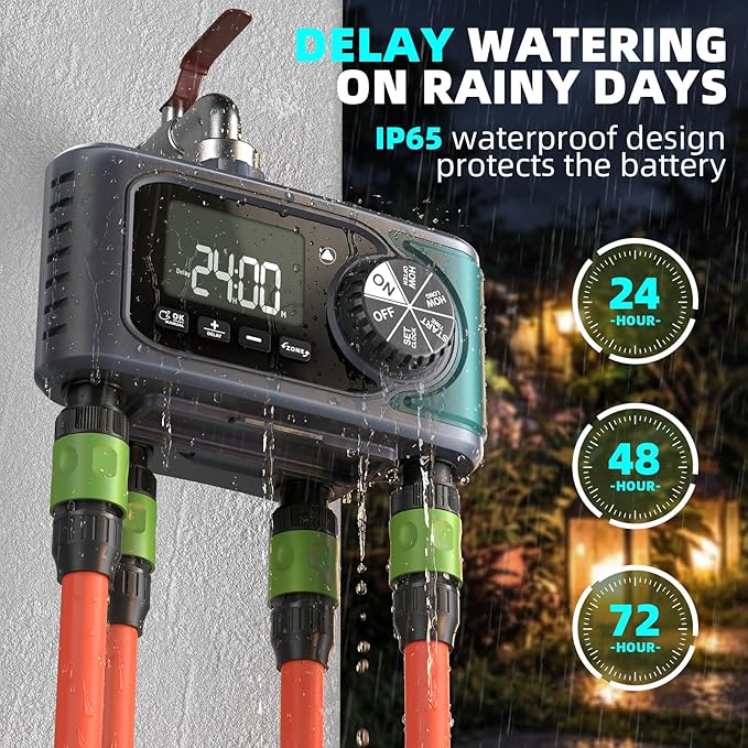 Sprinkler Timer for Outdoor Hose Faucet 4 Zone,Programmable Hose Timer with Rain Delay/Manual/Automatic Watering System,Water Timers for Garden Hose,Digital Drip Irrigation for Yard Lawn Outdoor