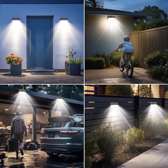 2 Pack 368 LED Solar Lights Outdoor Motion Sensor, Solar Fence Light with 3 Lighting Modes, Solar Powered Security Lights Waterproof for Outside Yard Wall Garden Backyard，Brown