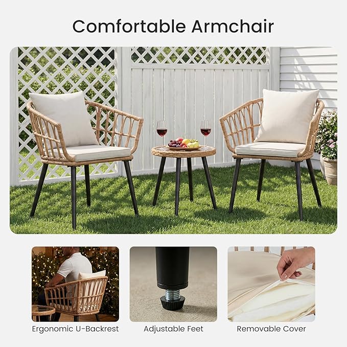 DUMOS 3 Pieces Outdoor Bistro Set, All-Weather PE Rattan Patio Furniture Set with Cushions, Steel Frame Table and Chairs for Balcony, Apartment, Porch, Beige
