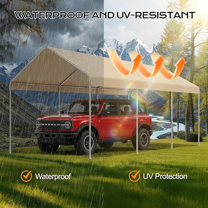 COWVIE 10 x 20 FT Carport Canopy Replacement Cover, with 46Pcs Long Ball Bungees, Waterproof Garage Top Tent Shelter Tarp, Only Top Cover