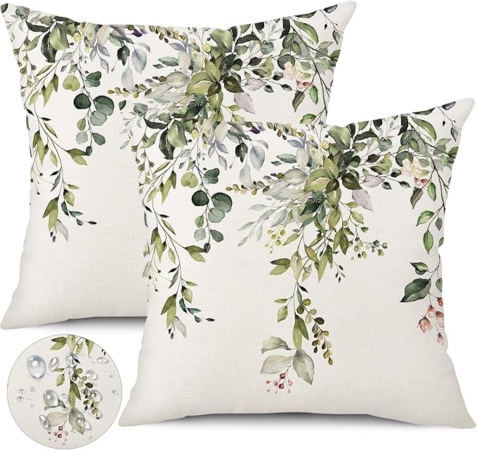 Outdoor Waterproof Throw Pillow Covers 18X18 Inch Set of 2 Spring Sage Green Pillow Covers Watercolor Eucalyptus Leaves Decorative Cushion Covers for Couch Garden Tent Balcony