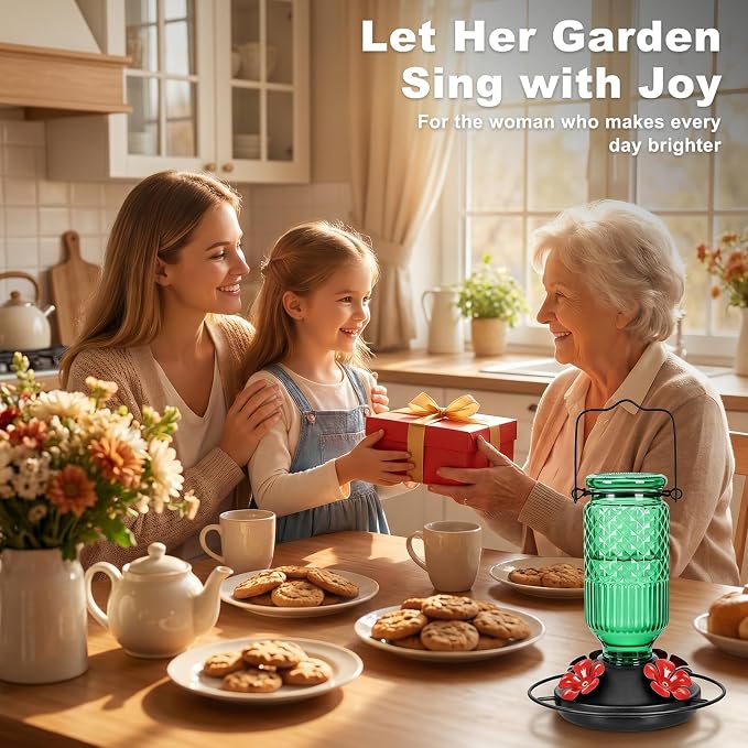 FEED GARDEN Glass Hummingbird Feeder 2 Pack, 16oz Leak-Proof with Ant Moat & Bee Guards, Easy Clean Wide Mouth, Metal Perches, Green Outdoor Hanging