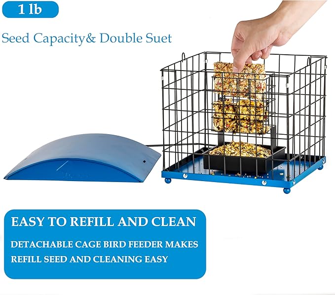 Caged Suet Bird Feeders Squirrel-Proof, Dual-Purpose Suet &Seed Wild Bird Feeders with Tray, Starling-Proof Metal Caged Bird Feeders Outdoors Hanging, 2 Suet Cakes+1lb Seed Capacity, Blue