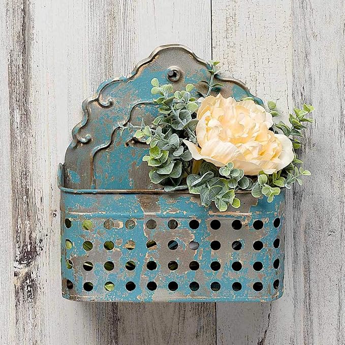 Antique Blue Wall Planter Hanging Metal Bucket Container Organizer for Flowers Succulent Air Decorative Plants Tools Distressed Indoor or Outdoor 9 x 8.5