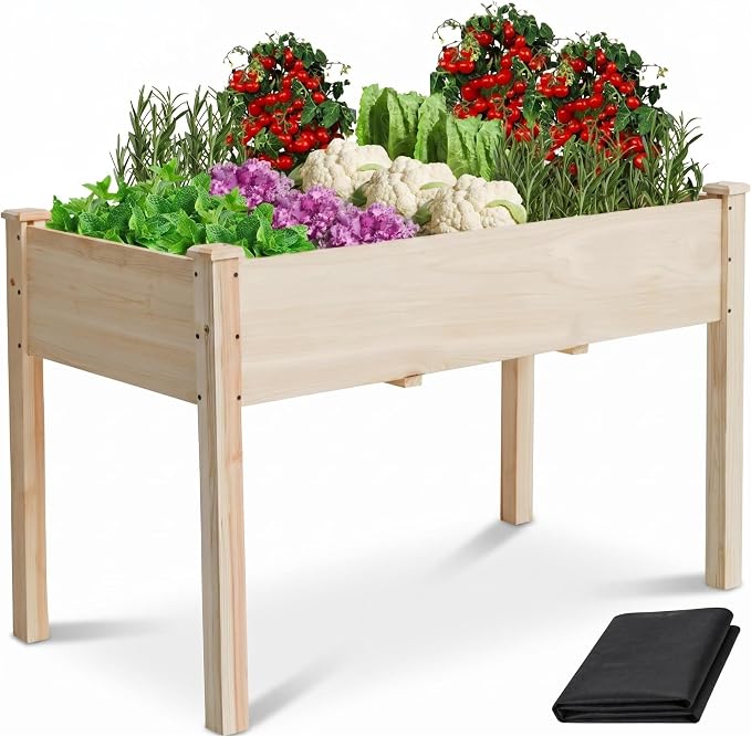Elevated Wood Raised Garden Bed, 48 x 24 x 30in Wooden Planter Box with Legs, 210LBS Capacity, Non-Woven Liner & 6 Drainage Holes for Backyard Patio Balcony Vegetables Flowers Herbs