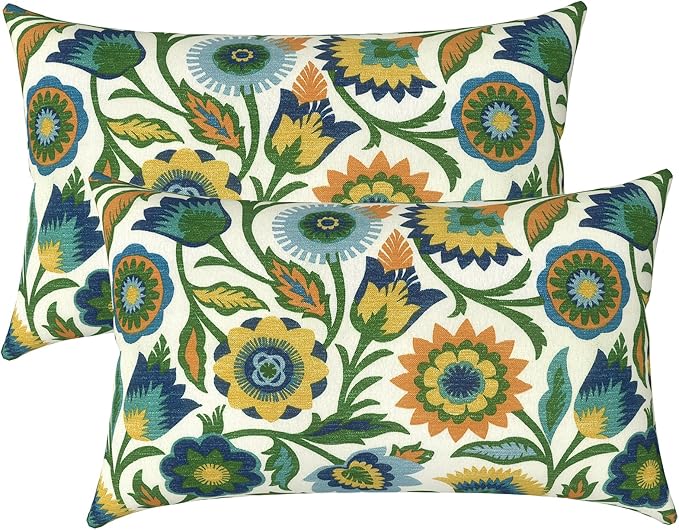 LVTXIII Set of 2 Patio Lumbar Pillows, 12" x 20" Fade Resistant Outdoor Lumbar Pillow with Inners, Fluffy Decorative Garden Lumbar Cushions for Home Patio Coach Sofa Use, Fiesta Floral