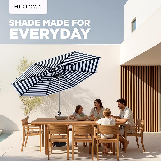 Midtown Umbrellas - 10-Year-No-Fade 8 Ft Patio Umbrella with Terylast Fabric, Auto-Tilt Aluminum Frame and 8 Reinforced Ribs for Deck, Pool, Garden & Beach - Navy/White Stripes Canopy, Black Pole