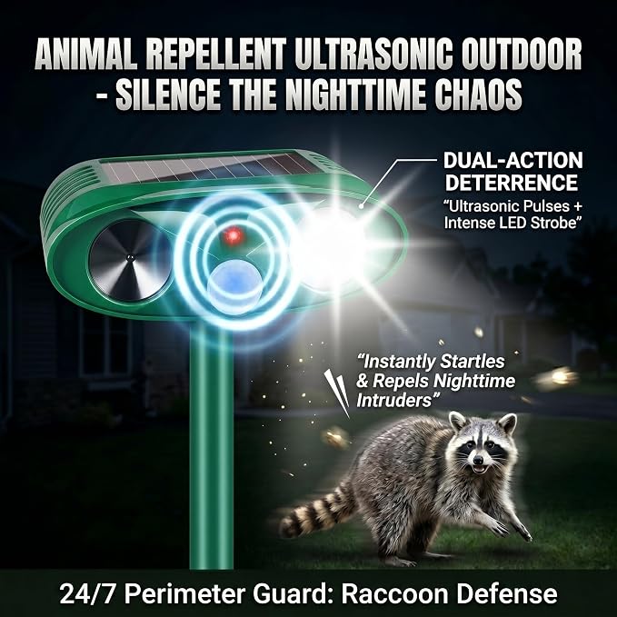 2 Pack Sonic Fortress Pro Deer Repellent Solar Ultrasonic Animal Repellent Outdoor Cat Deterrent with Motion Sensor Strobe Light for Rabbit Raccoon IP65 Waterproof Squirrel Repellent for Yard Garden