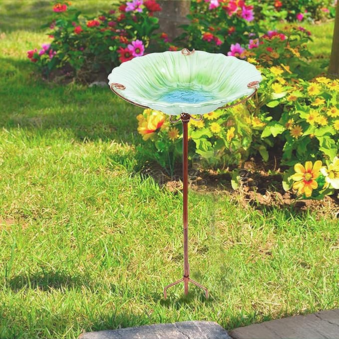 MUMTOP 26 Inch Height Glass Birdbath Birdfeeder with Metal Stake Garden Outdoor Green