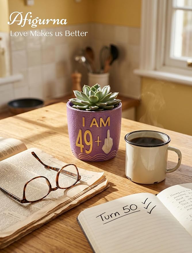 50th Birthday Gifts for Women: Funny 49 + Middle Finger Hand-Painted Planter Present for Turning Fifty - Hilarious 50th Birthday Gifts for Friend Mom - Happy 50th Birthday Decorations
