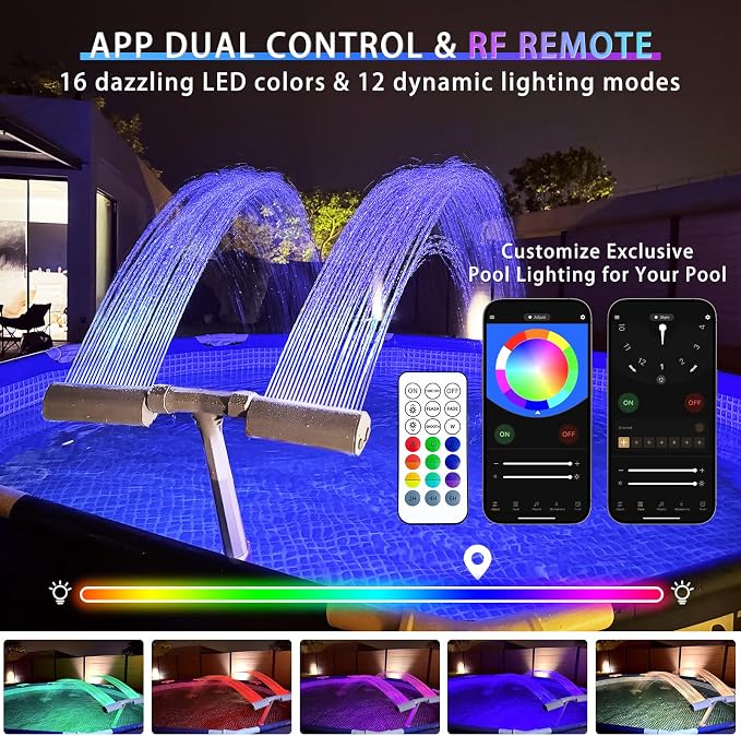2026 Upgrade Pool Fountain for Inground/Above Ground Pools, 16-Colors 12 Modes LED Lights, Dual Spray 360° Adjustable Pool Sprinkler Waterfall Fountain, Tool-Free Installation Water Cooler