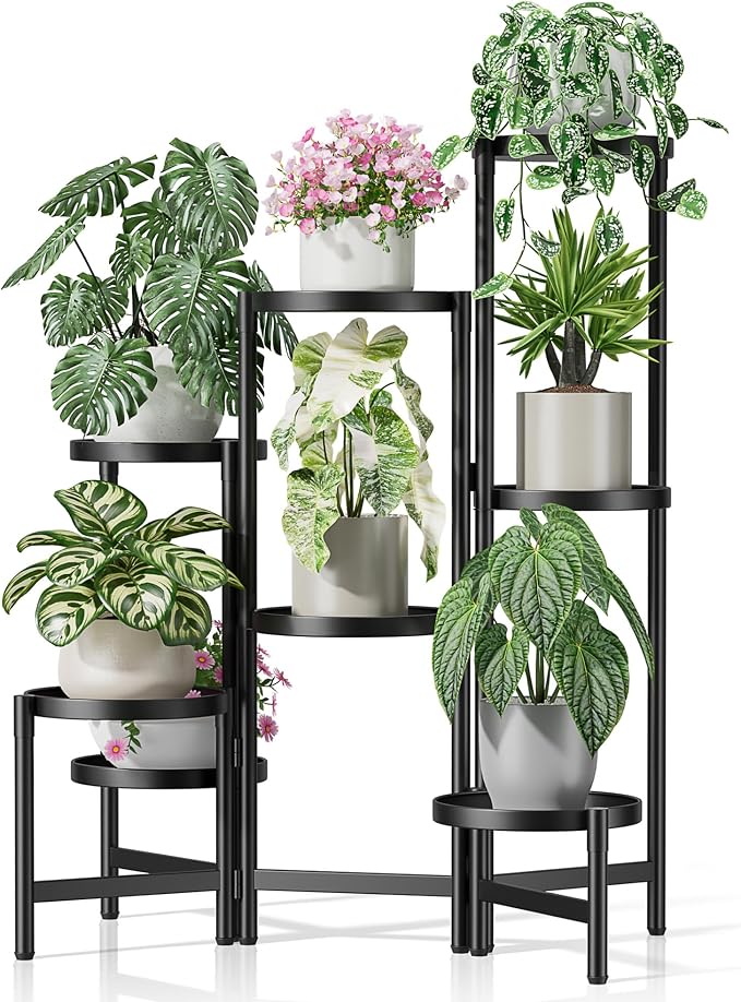 Black Stand Plants, Metal Tiered Plant Stands Indoor, 8 Tier Corner Flodable Plant Stand Outdoor Planter Flower Pot for Multiple Plants, Floding Display Racks for Patio Porch Balcony