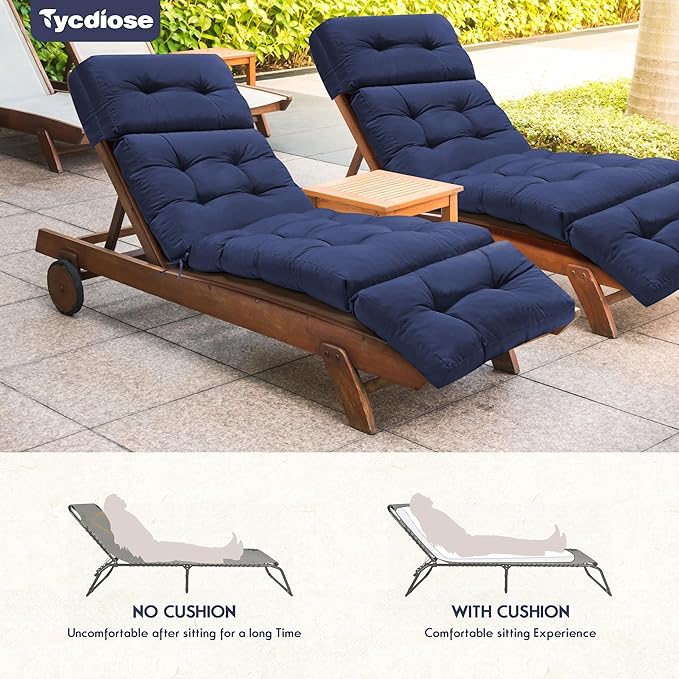 Chaise Lounge Cushions Outdoor Set of 2, 74.4 x 22 x 4.7 Inches Thickened Lounge Chair Cushions Waterproof for Outdoor Furniture with Ties, Non-Slip Patio Pool Chaise Lounge Cushions, Blue