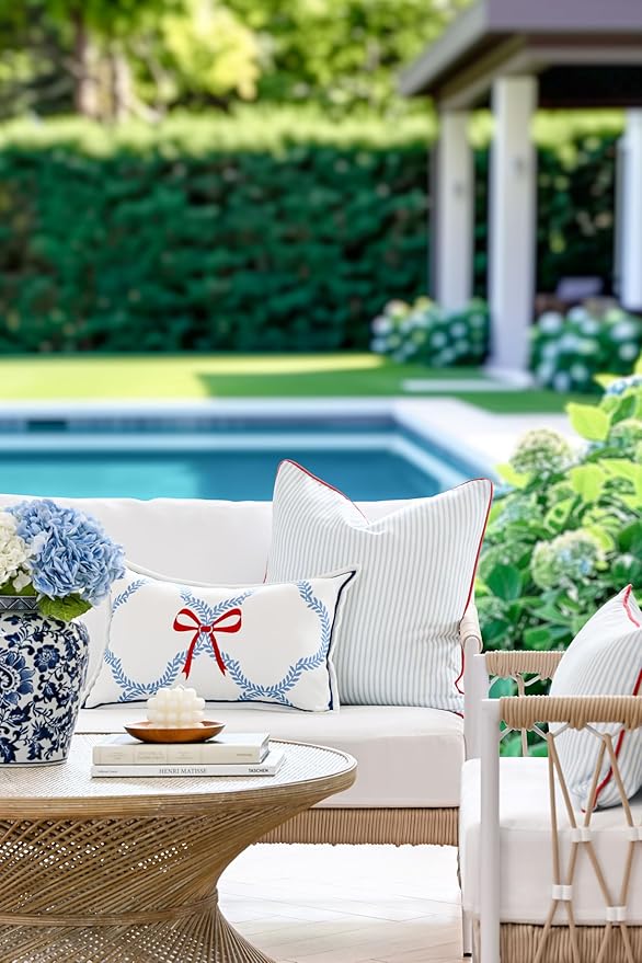 Hofdeco Premium Coastal Hampton Patio Indoor Outdoor Lumbar Pillow Cover Only, 12"x20" Water Repellent for Backyard, Couch, Poolside, Azure Blue Red Embroidered Ribbon Bow Tie on Leaves