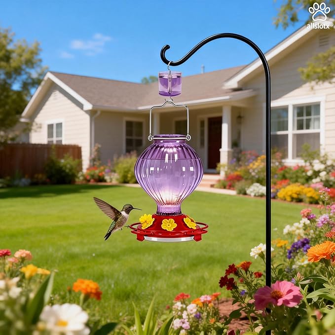 Glass Hummingbird Feeder for Outdoors Hanging, 38 oz Nectar Capacity, 6 Feeding Ports, Leak-Proof Rust-Free Plastic Base, Easy to Refill & Clean, Decorative Purple Glass Bird Feeder for Garden Patio