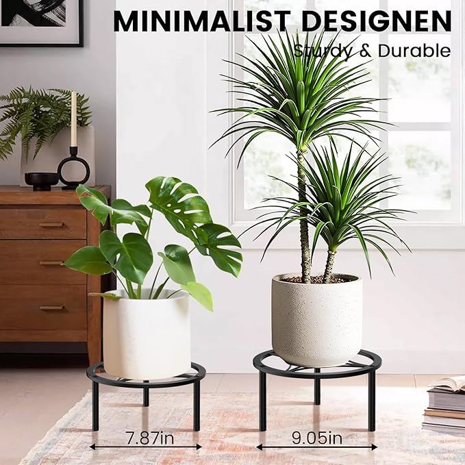 TOSKING Heavy Duty Metal Plant Stand - 9" Round Geometric Pattern, Adjustable Non-Slip Leveling Feet, Rustproof, Decorative Display Shelf for Small to Medium Plants, Indoor/Outdoor, Black (9"Dia x 6.3"H)