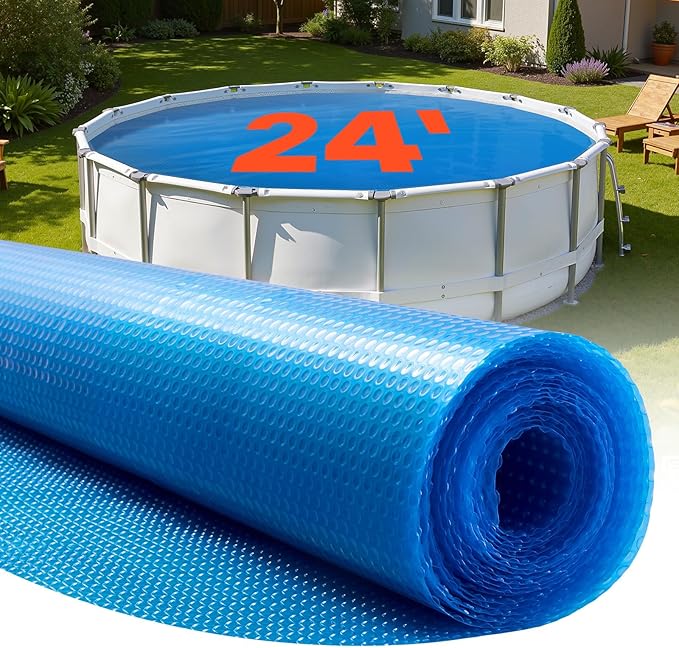 VEVOR Solar Pool Cover, 24 ft Round Pool Bubble Cover, 16 Mil Pools Solar Blanket with Bubble & PE Material, Daytime Heat Absorption, Nighttime Heat Retention, Heat Retaining Solars Covers, Blue