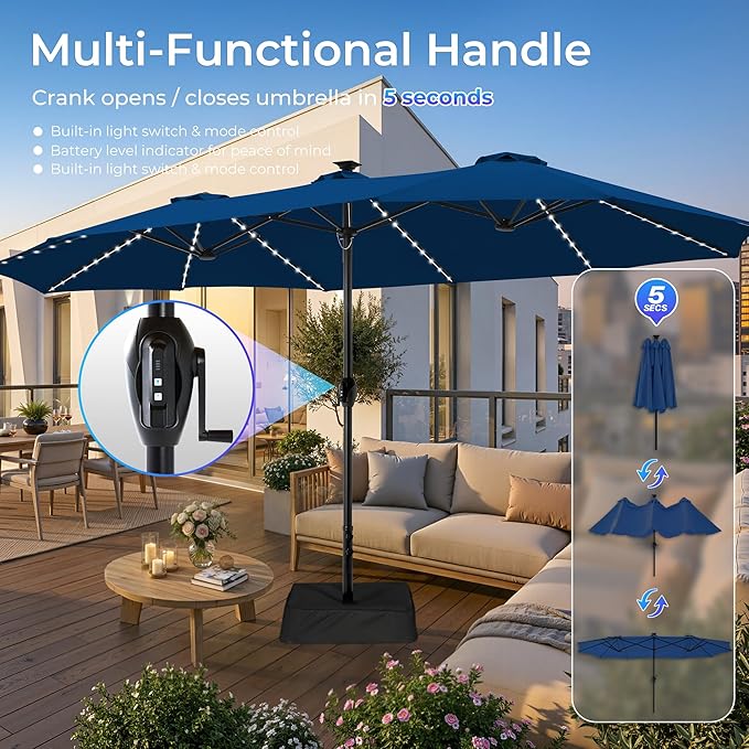SUPERJARE 15ft Large Patio Umbrella with Base included, Double Sided Outdoor Umbrella with Solar Lights, Pool Umbrella with Fade Resistant Canopy for Deck, Porch, Yard, Balcony, Navy Blue