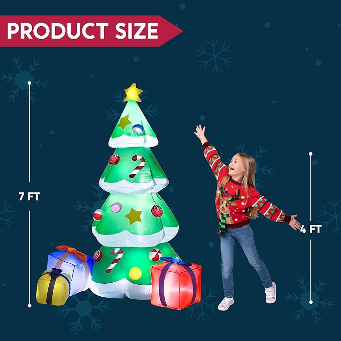Joiedomi 7FT Tall Christmas Inflatables Tree Outdoor Decoration, Giant Christmas Inflatable Tree with 3 Gift Boxes with Build-in LEDs for Blow Up Xmas Decoration, Indoor Outdoor Yard Garden Lawn Décor