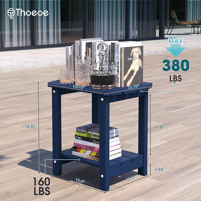 THOEOE Adirondack Outdoor Side Table, 2-Tier Sturdy Patio End Table Weather Resistant, Morden Side Table for Patio, Pool, Porch, Navy Blue