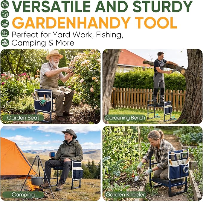 Garden Kneeler and Seat, Heavy Duty Anti-Tip Foldable Gardening Stool Bench Kneeler with Widened Thicken Kneeling Pad & Tool Bag, Gardening Gifts for Seniors, Gardeners, Women, Men, Fathers