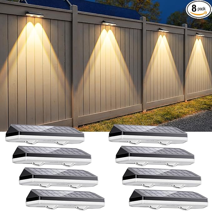 Solar Fence Lights Outdoor,3000/4500/6000K/RGB 13 Mode 8PACK Fence Lights Solar Powered High Brightness LED Lens IP65 Waterproof Solar Wall Light for Outside/Patio/Step/Backyard/Railing/Pool/Deck