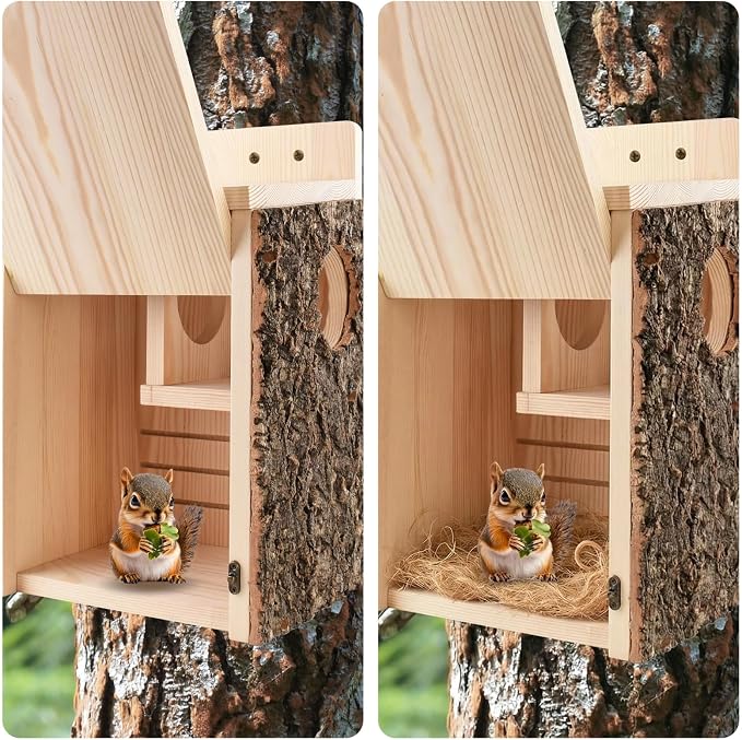 Large Squirrel Nesting Box with Predator Guard - Easy Assembly Squirrel Houses for Outside Nesting, Wooden Nesting Box for Squirrels,Chipmunk,Bird and Small Animals