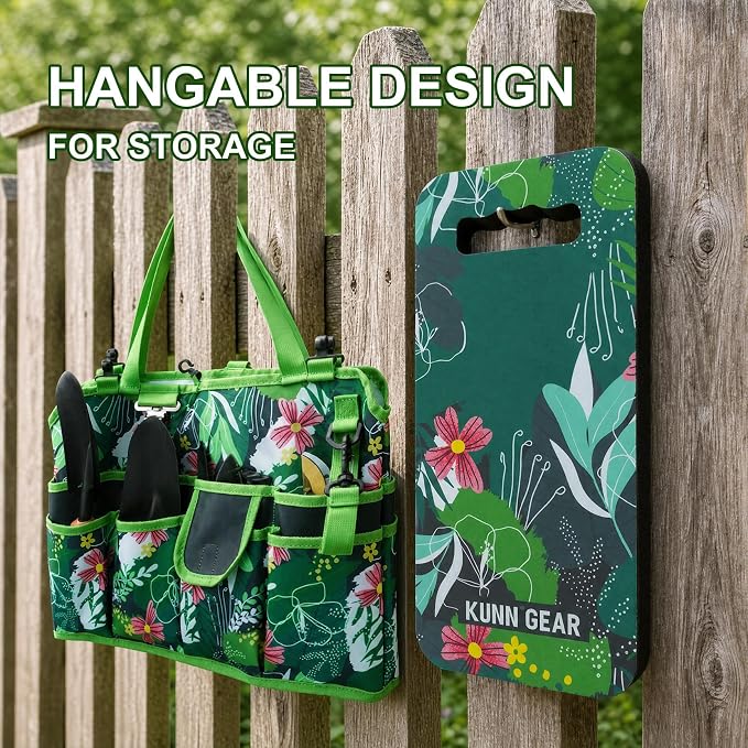 KUNN 5 Gallon Garden Bucket Tool Organizer & Kneeling Pad Set, 18-Pocket Heavy Duty Garden Caddy with Hangable Handle, Polyester Tool Bag with Grip Handle & Gardening Kneeling Pad for Women, Green
