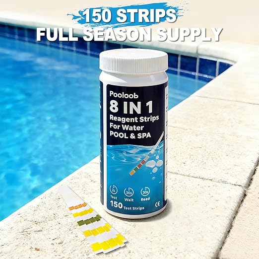 Pooloob 8-in-1 Pool and Spa Test Strips, 150 Count Water Testing Kit for Saltwater & Chlorine Pools - Tests pH, Salt, Free Chlorine, Bromine, Alkalinity, Hardness, Cyanuric Acid & Total Chlorine