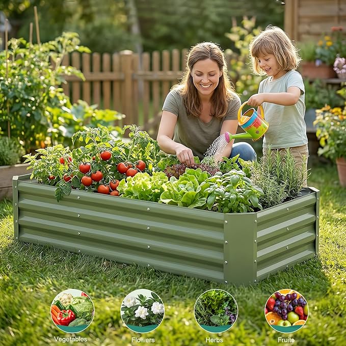 Galvanized Raised Garden Bed - 4x2x1ft (2Packs) Metal Garden Planter Box Outdoor | Steel Raised Bed Kit with Bracing Rods, Gloves for Gardening Vegetables Fruits and Flowers (Olive Green)