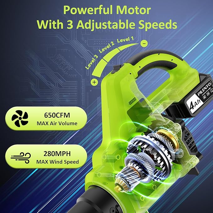 Leaf Blower Cordless with 2 x 4.0Ah Battery Operated and Fast Charger, 650CFM 280MPH Electric Leaf Blower, 3 Speed Mode, 20V Powered Handheld Blowers for Lawn Care, Blowing Leaves, Small Gravel, Green