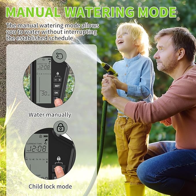 Smart Water Timer for Garden Hose, Programmable Sprinkler Timer with Rain Delay, Manual and Automatic Irrigation System, Child Lock, IP54 Waterproof, for Lawn Yard Garden Watering, 1 Outlet
