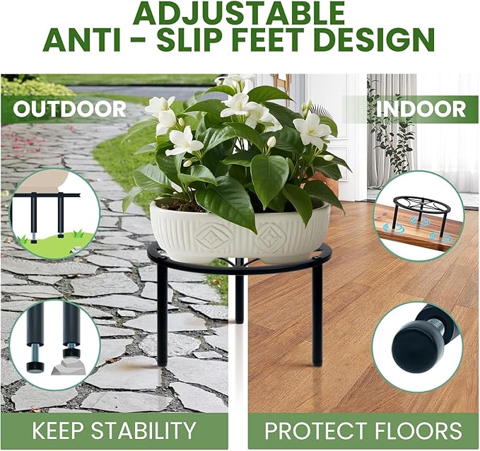 TOSKING Heavy Duty Metal Plant Stand - 9" Round Geometric Pattern, Adjustable Non-Slip Leveling Feet, Rustproof, Decorative Display Shelf for Small to Medium Plants, Indoor/Outdoor, Black (9"Dia x 6.3"H)