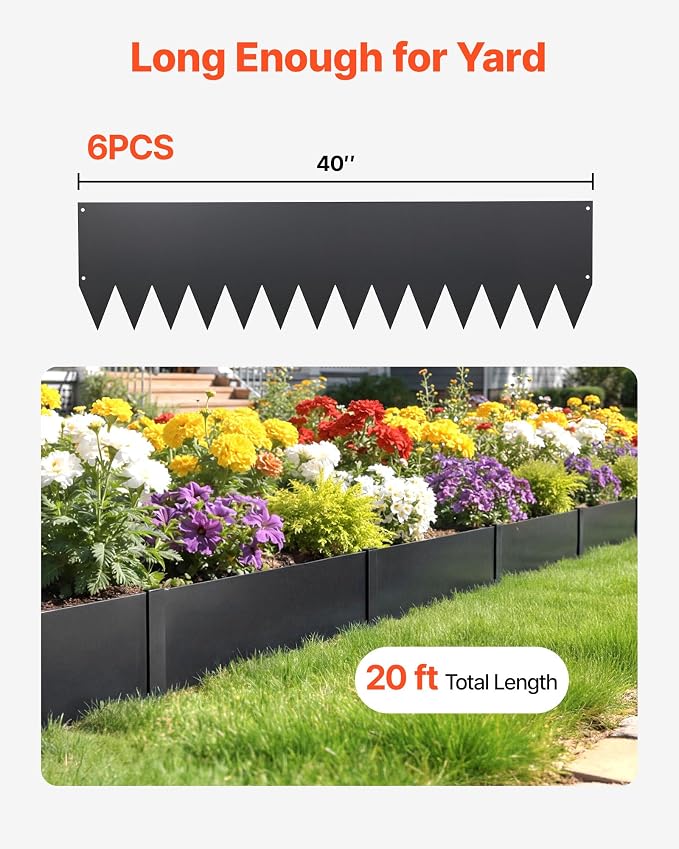 VEVOR Galvanized Steel Landscape Edging, 6-Pack 40 x 10 Inch Metal Edging for Landscaping with 8 Mounting Clips, Heavy Duty Metal Garden Edge Border for Flower Bed, Yard Pathway, Black