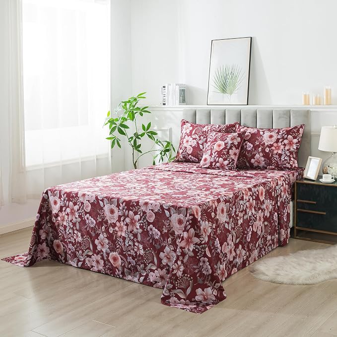 FADFAY Rose Floral Sheets Cal King Vintage Red Floral Bedding Shabby Pink Peony Sheets Farmhouse Bedding 800 Thread Count 100% Egyptian Cotton Soft Deep Pocket Fitted Sheet 4Pcs, California King Size