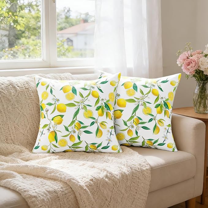 SquarePie Outdoor Pillow Covers 20x20 Inch Set of 2 - Waterproof Lemon Square Cushion Covers for Patio Garden Furniture, Summer Yellow Citrus Decorative Throw Pillow Cases for Couch Sofa Balcony Bench