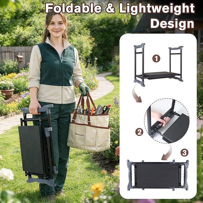 Garden Kneeler and Seat, Extra Wide Thick EVA Pad, Heavy Duty Foldable Garden Bench Holds 350lbs, Ergonomic Kneeling Stool with Garden Tool Pouches, Gardening Gifts for Women, Men, Seniors