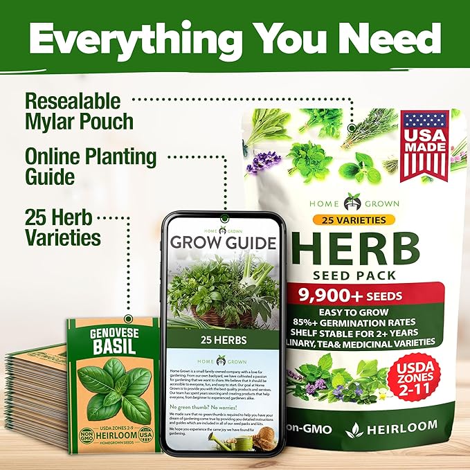 HOME GROWN 25 Herb Seeds for Planting 8,700+ Non-GMO Heirloom Seeds | Extra Large Variety Pack Herb Kit – Indoor Outdoor & Hydroponic | Culinary Seed Set | Grow Your Own Herbs | Gardening Gift