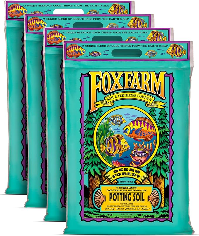 FoxFarm Ocean Forest Potting Soil for Container Gardens - Light, Aerated Texture with Fish Meal, Crab Meal, Earthworm Castings - Houseplant Potting Mix for Seedlings & Plant Starts - 4 x 12 Quart