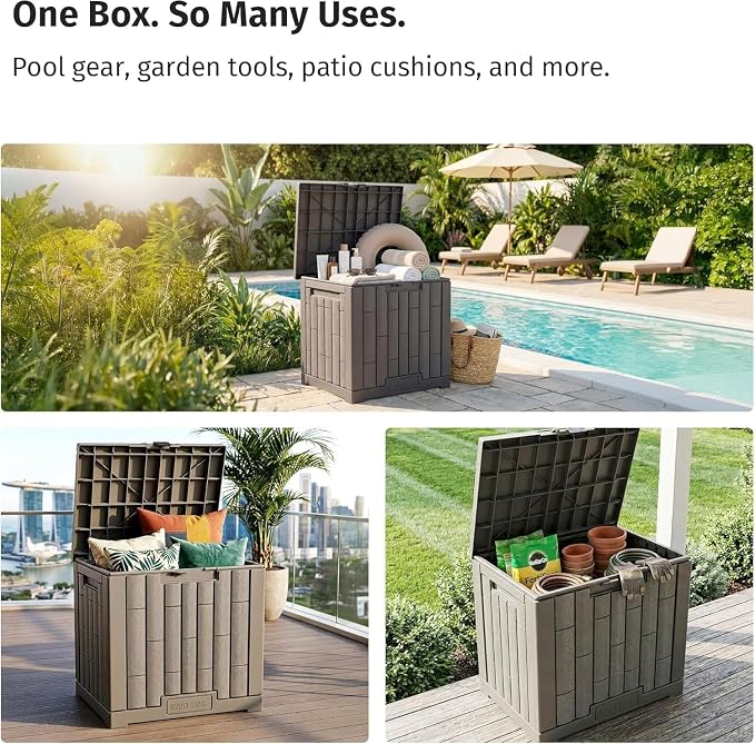 EAST OAK Outdoor Storage Box, 31 Gallon Deck Box for Patio Cushions, Pool Accessories & Garden Tools, Waterproof Resin Storage Container, Ash Grey
